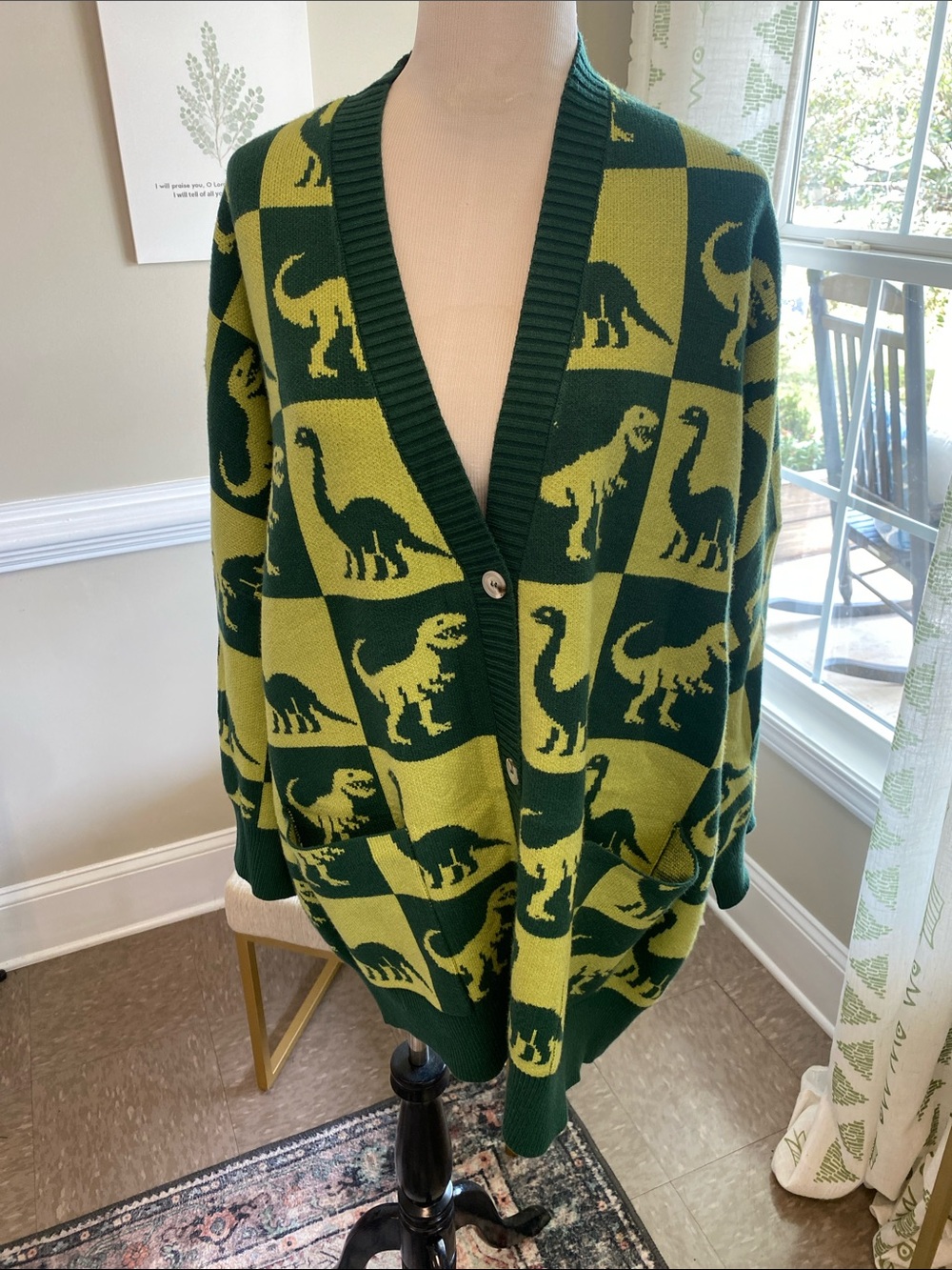 Green Lala Dinosaur Checker Knit Oversized Cardigan Sweater